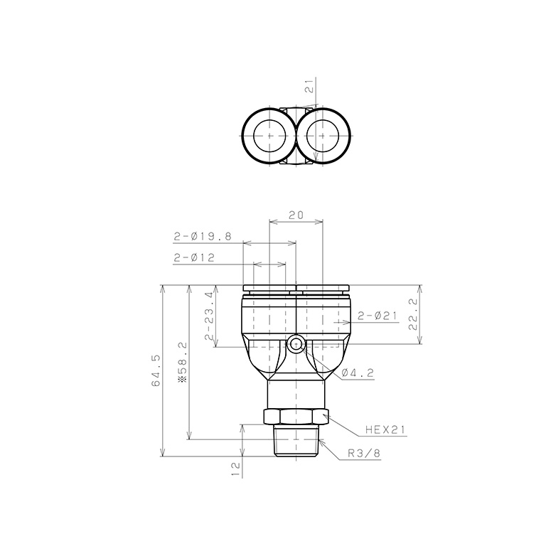Bản vẽ kỹ thuật Đầu Nối Nhanh Khí Nén Dạng Chữ Y Ren Ngoài Pisco SPPX12-03SP
