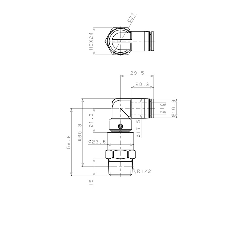 Bản vẽ kỹ thuật Đầu Nối Nhanh Khí Nén Dạng Cong 90° Ren Ngoài Có Khớp Xoay Tốc Độ Cao Pisco RHL10-04