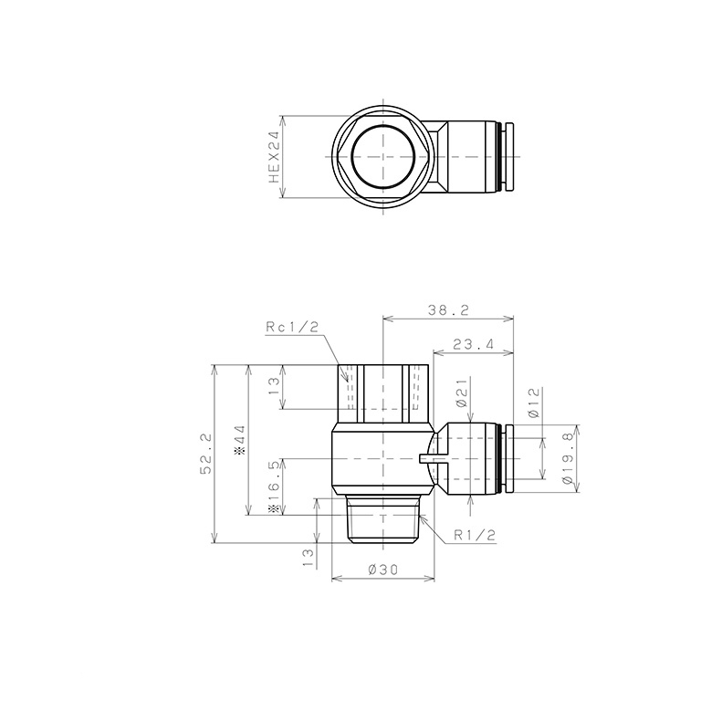 Bản vẽ kỹ thuật Đầu Nối Nhanh Khí Nén Cong 90° Đầu Lục Giác Trụ Ren Đực Cái Pisco PHF12-04W