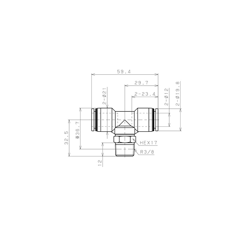 Bản vẽ kỹ thuật Đầu Nối Nhanh Khí Nén Dạng Chữ T Ren Ngoài Pisco PB12-03EG