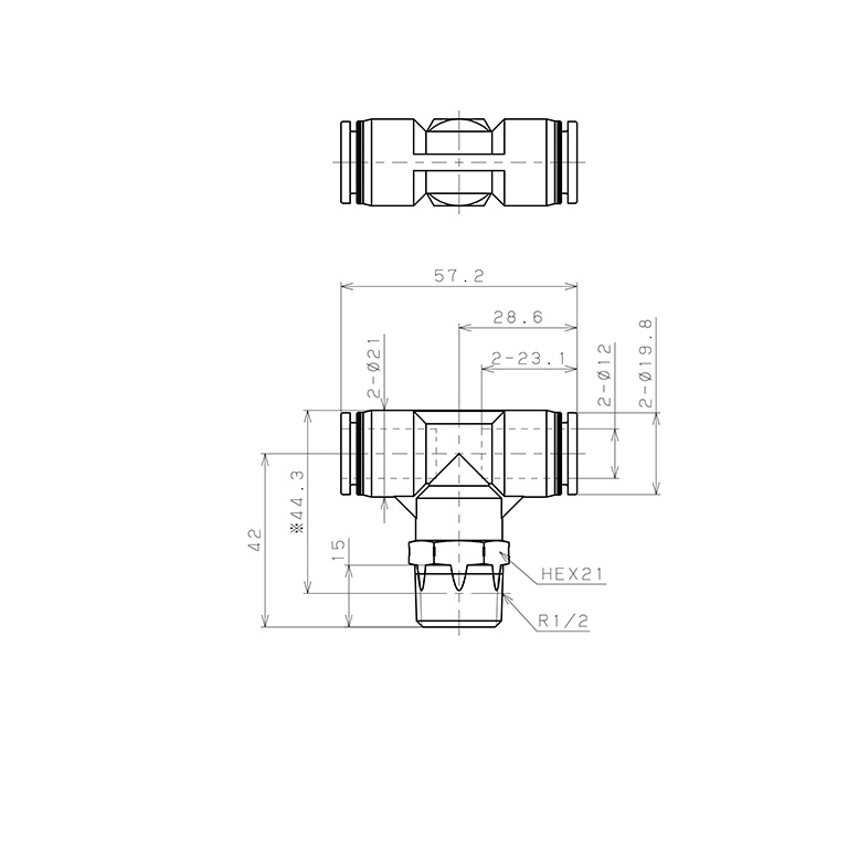 Bản vẽ kỹ thuật Đầu Nối Nhanh Khí Nén Dạng Chữ T Ren Ngoài Pisco PPB12-04SUS-S-C