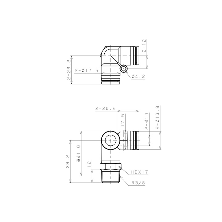 Bản vẽ kỹ thuật Đầu Nối Nhanh Khí Nén Hai Nhánh Chạc Ba Cong 90° Ren Ngoài Pisco SPVX10-03