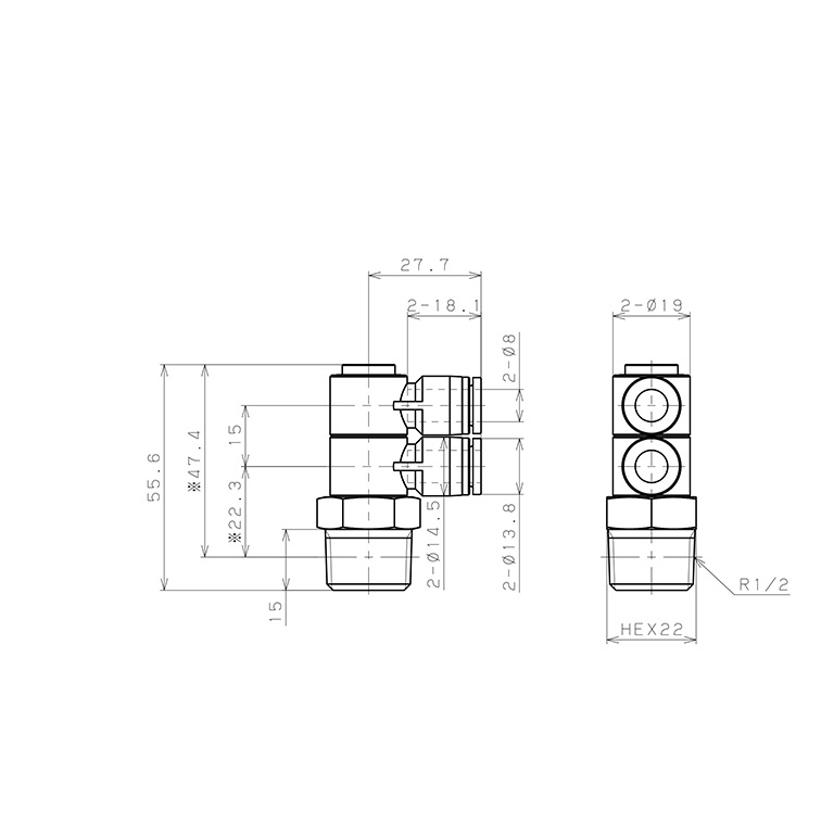 Bản vẽ kỹ thuật Đầu Nối Nhanh Khí Nén Hai Nhánh Cong 90° Thân Lục Giác Trụ Ren Ngoài Pisco SPHW8-04