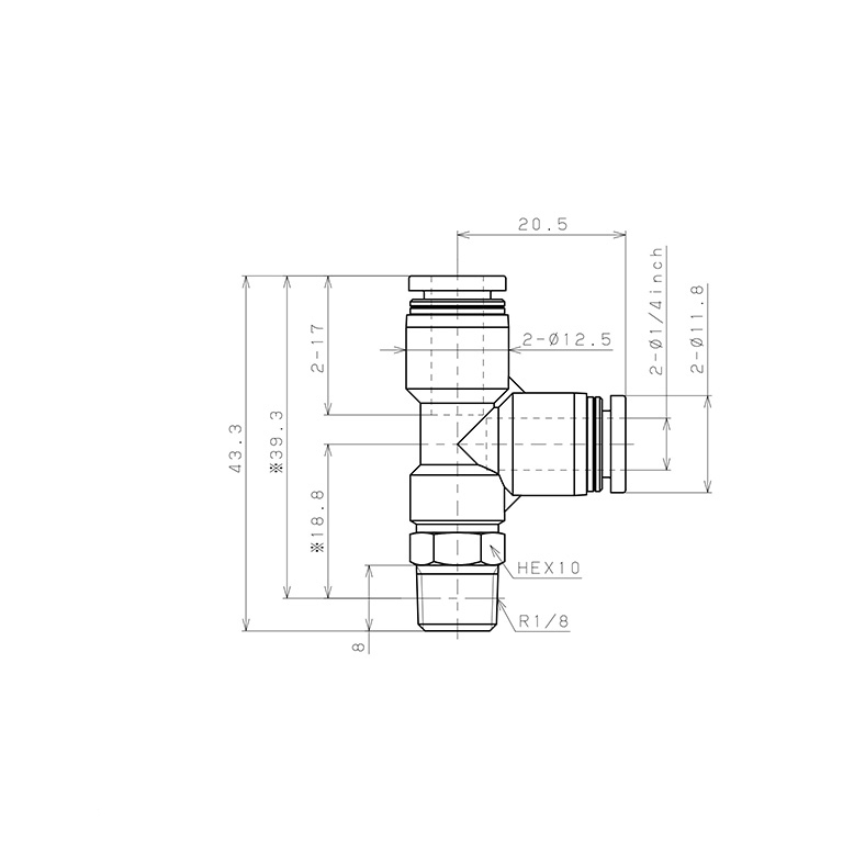 Bản vẽ kỹ thuật Đầu Nối Nhanh Khí Nén Dạng Chữ T Ren Ngoài Pisco PD1/4-01W