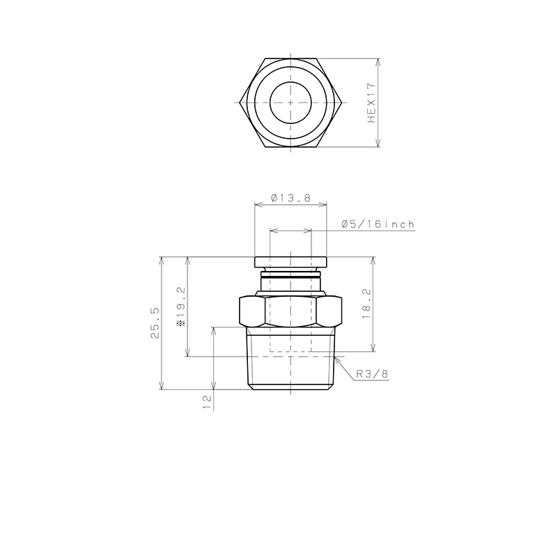 Bản vẽ kỹ thuật Đầu Nối Nhanh Khí Nén Dạng Thẳng Thân Lục Giác Ren Ngoài Pisco PC5/16-03-C
