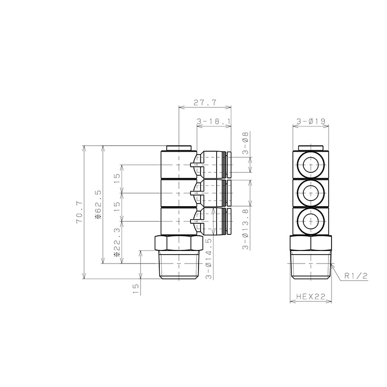Bản vẽ kỹ thuật Đầu Nối Nhanh Khí Nén Ba Nhánh Cong 90° Thân Lục Giác Trụ Ren Ngoài Pisco PHT8-04-UC