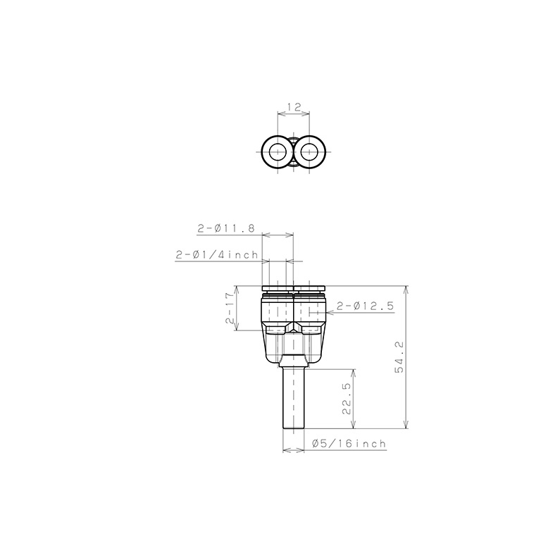Bản vẽ kỹ thuật Đầu Nối Nhanh Khí Nén Giữa Ống Khí Và Fitting Dạng Nối Giảm Chữ Y Pisco PWJ5/16-1/4-C