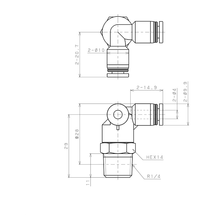 Bản vẽ kỹ thuật Đầu Nối Nhanh Khí Nén Hai Nhánh Chạc Ba Cong 90° Ren Ngoài Pisco PVX4-02