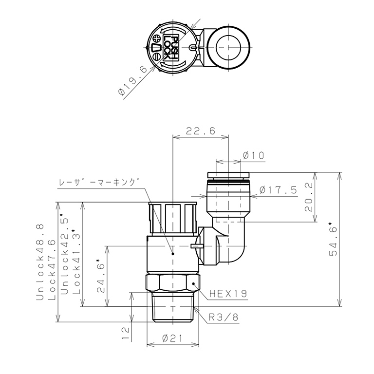 Bản vẽ kỹ thuật Van Tiết Lưu Khí Nén Loại Khóa Đẩy Có Hiển Thị Chỉ Số Pisco JSGS10-03AW
