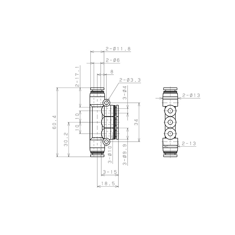 Bản vẽ kỹ thuật Đầu Nối Nhanh Khí Nén Chữ T 5 Ngã Dạng Nối Giảm Pisco PKG6-4SUS
