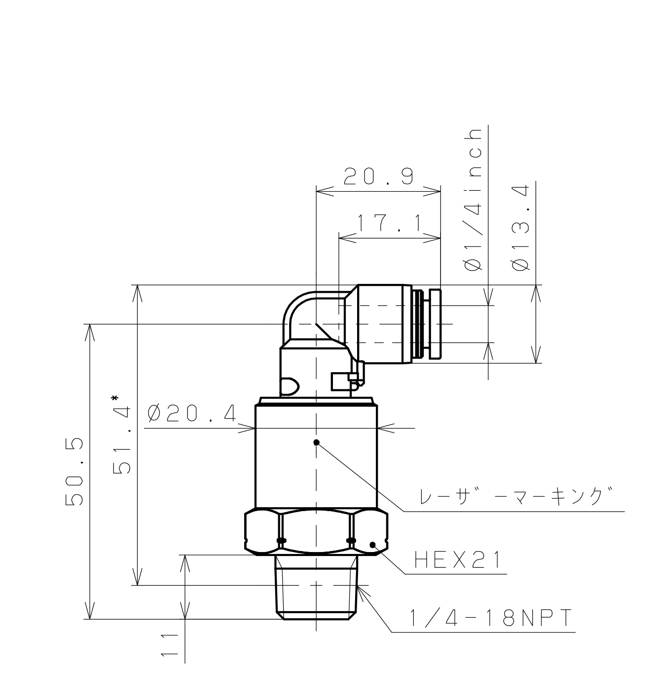 Bản vẽ kỹ thuật Đầu Nối Nhanh Khí Nén Dạng Cong 90° Ren Ngoài Có Khớp Xoay Pisco RAL1/4-N2SUS-TP
