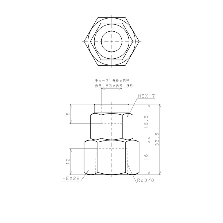 Bản vẽ kỹ thuật Đầu Ngạnh Nối Ống Có Đai Ốc Xiết Dạng Thẳng Thân Lục Giác Ren Trong Pisco NSCF3/8-03