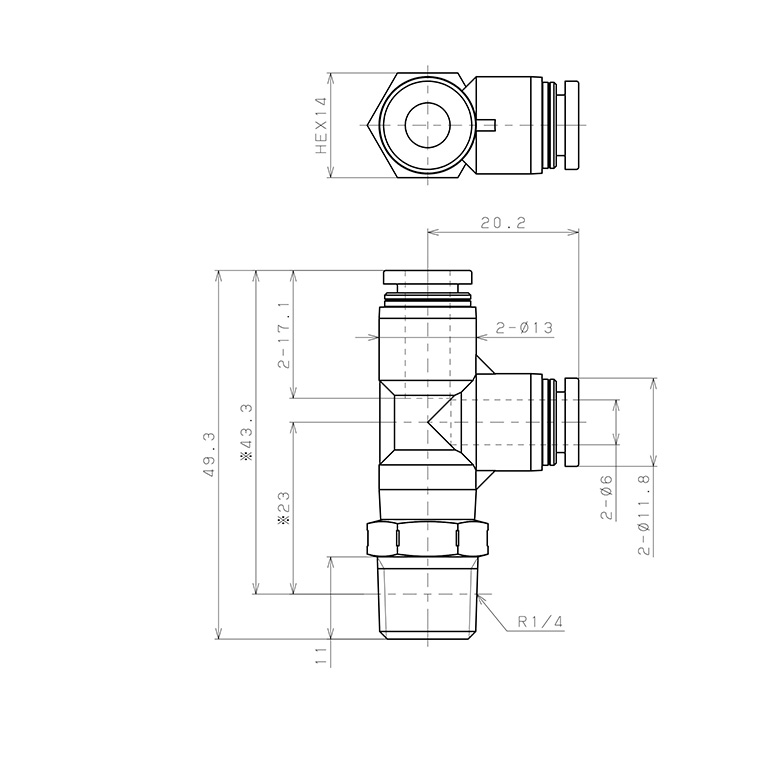 Bản vẽ kỹ thuật Đầu Nối Nhanh Khí Nén Dạng Chữ T Ren Ngoài Pisco PD6-02SUS