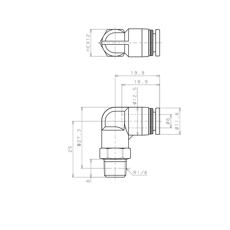 Bản vẽ kỹ thuật Đầu Nối Nhanh Khí Nén Dạng Cong 90° Ren Ngoài Pisco PPL6-01-HN