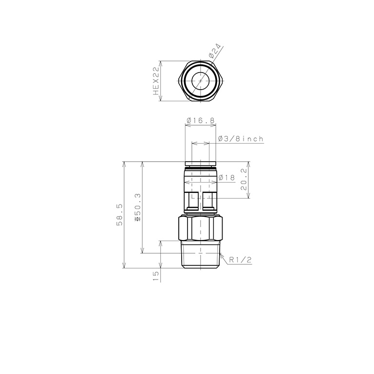 Bản vẽ kỹ thuật Đầu Nối Nhanh Khí Nén Dạng Thẳng Ren Ngoài Có Khớp Xoay Pisco RC3/8-04