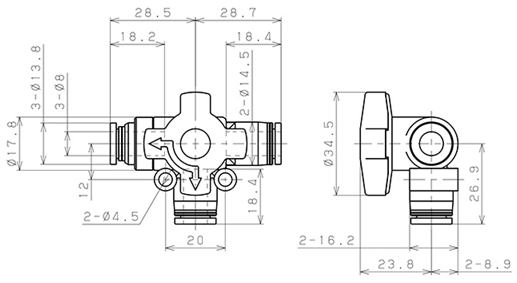 Bản vẽ kỹ thuật Van Chuyển Hướng Khí Nén Ba Ngã Pisco HBV8-8