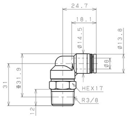 Bản vẽ kỹ thuật Đầu Nối Nhanh Khí Nén Cong 90° Phi 8mm Ren Ngoài R3/8 Pisco PL8-03