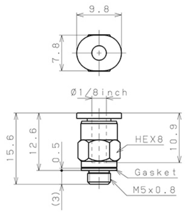 Bản vẽ kỹ thuật Đầu Nối Nhanh Khí Nén Dạng Thẳng Thân Lục Giác Ren Ngoài Pisco PC1/8-M5M