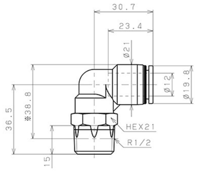 Bản vẽ kỹ thuật Đầu Nối Nhanh Khí Nén Cong 90° Phi 12mm Ren Ngoài R1/2 Pisco PL12-04