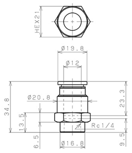 Bản vẽ kỹ thuật Đầu Nối Nhanh Khí Nén Thẳng Phi 12mm Ren Trong R1/4 Pisco PCF12-02