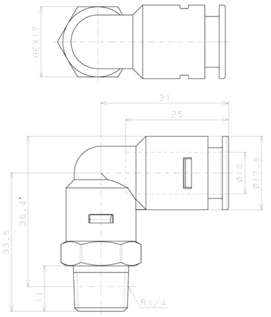 Bản vẽ kỹ thuật Đầu Nối Nhanh Khí Nén Dạng Cong 90° Ren Ngoài Pisco APL10-02-N
