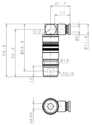 Bản vẽ kỹ thuật Bộ Đầu Ngạnh Nối Ống Dẫn Điều Khiển Nhiệt Độ Khuôn Đúc Dạng Cong 90°, Có Van Tự Ngắt Pisco ASL10-603