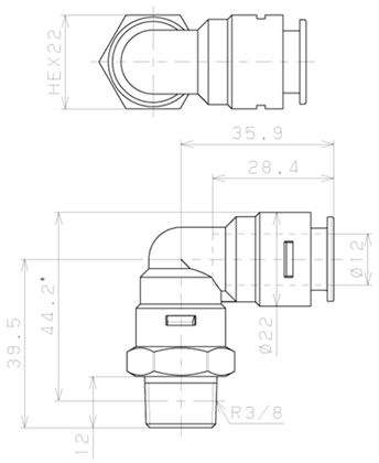 Bản vẽ kỹ thuật Đầu Nối Nhanh Khí Nén Dạng Cong 90° Ren Ngoài Pisco APL12-03-TP