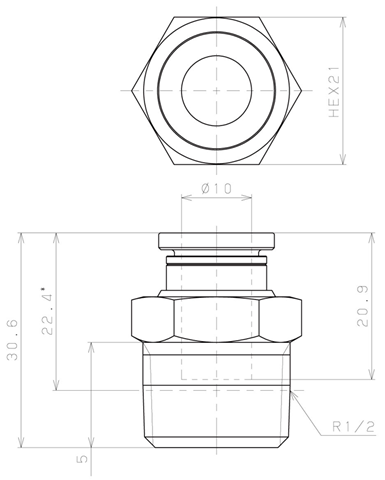 Bản vẽ kỹ thuật Đầu Nối Nhanh Khí Nén Dạng Thẳng Thân Lục Giác Ren Ngoài Pisco KC10-04-1-F