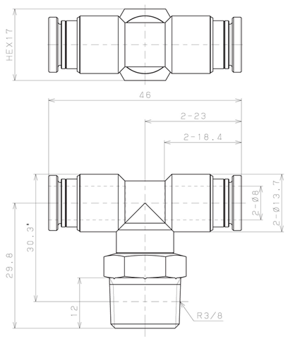 Bản vẽ kỹ thuật Đầu Nối Nhanh Khí Nén Dạng Chữ T Ren Ngoài Pisco KB8-03-1
