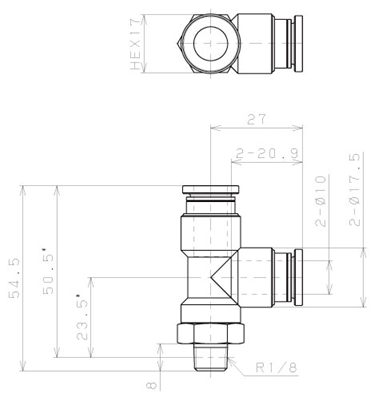 Bản vẽ kỹ thuật Đầu Nối Nhanh Khí Nén Dạng Chữ T Ren Ngoài Pisco KD10-01-1