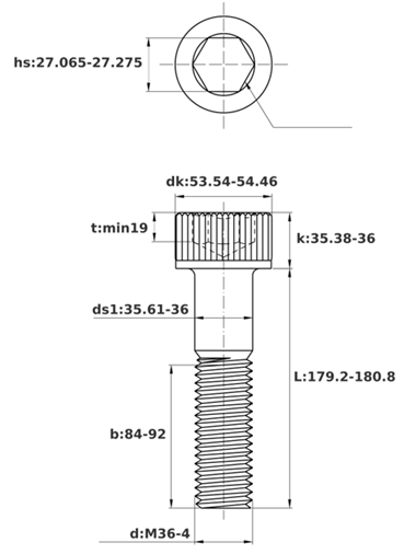 Bản vẽ kỹ thuật Lục Giác Chìm Đầu Trụ Thép Đen 12.9 DIN912 M36x180 Ren Lửng