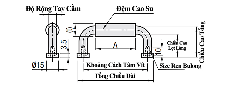 Bản vẽ kỹ thuật Tay Nắm Cửa Chữ U Thép Mạ Chrome Phủ Cao Su  Phi 10 mm x L 100 mm (UWANLZ10-100-27-G)