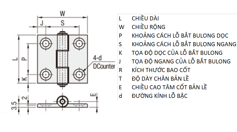 Bản vẽ kỹ thuật Bản Lề Lá Nhôm Hợp Kim Mạ Anodized Trắng (HHPSNT6) L 47 mm