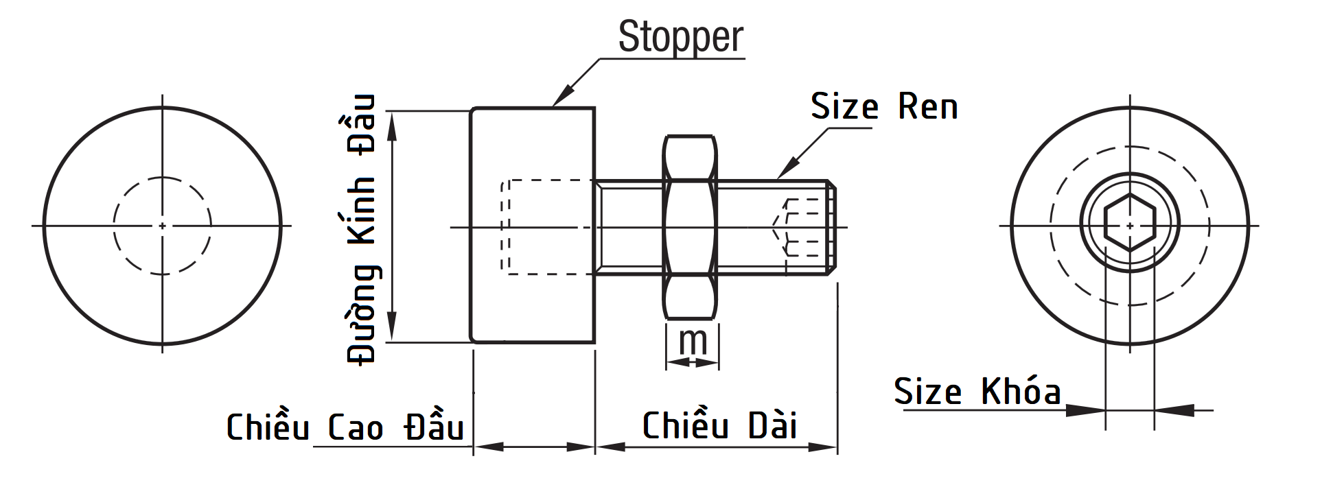 Bản vẽ kỹ thuật Stopper Bolt - Tip Hex Socket Urethane Type - Coarse - Screw Spherical Type - Coarse UNBHH6-20