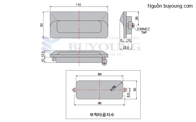 Bản vẽ kỹ thuật Tay nắm cửa chìm crom Buyoung 35x110 BY183-2-CR