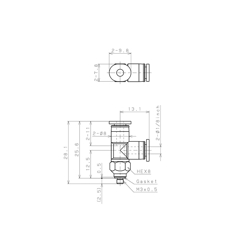 Bản vẽ kỹ thuật Đầu Nối Nhanh Khí Nén Dạng Chữ T Ren Ngoài Pisco PD1/8-M3M