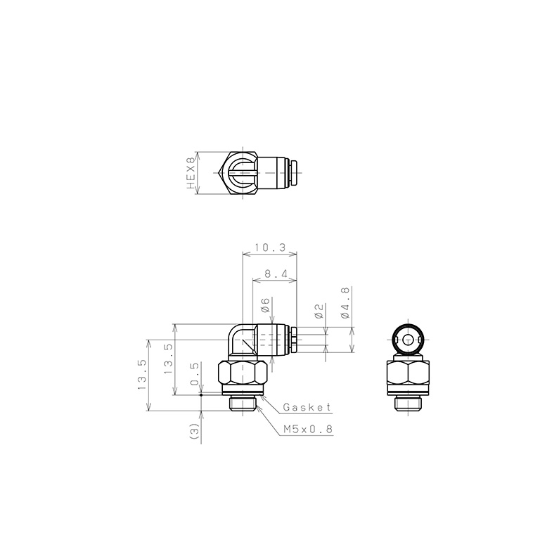 Bản vẽ kỹ thuật Đầu Nối Nhanh Khí Nén Dạng Cong 90° Ren Ngoài Pisco PL2-M5M