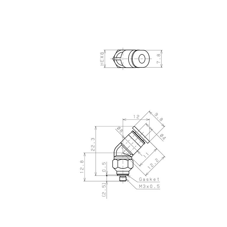 Bản vẽ kỹ thuật Đầu Nối Nhanh Khí Nén Dạng Cong 45° Ren Ngoài Pisco PLH4-M3M