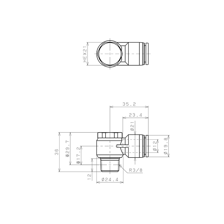 Bản vẽ kỹ thuật Đầu Nối Nhanh Khí Nén Cong 90° Đầu Lục Giác Trụ Ren Ngoài Pisco SPH12-03
