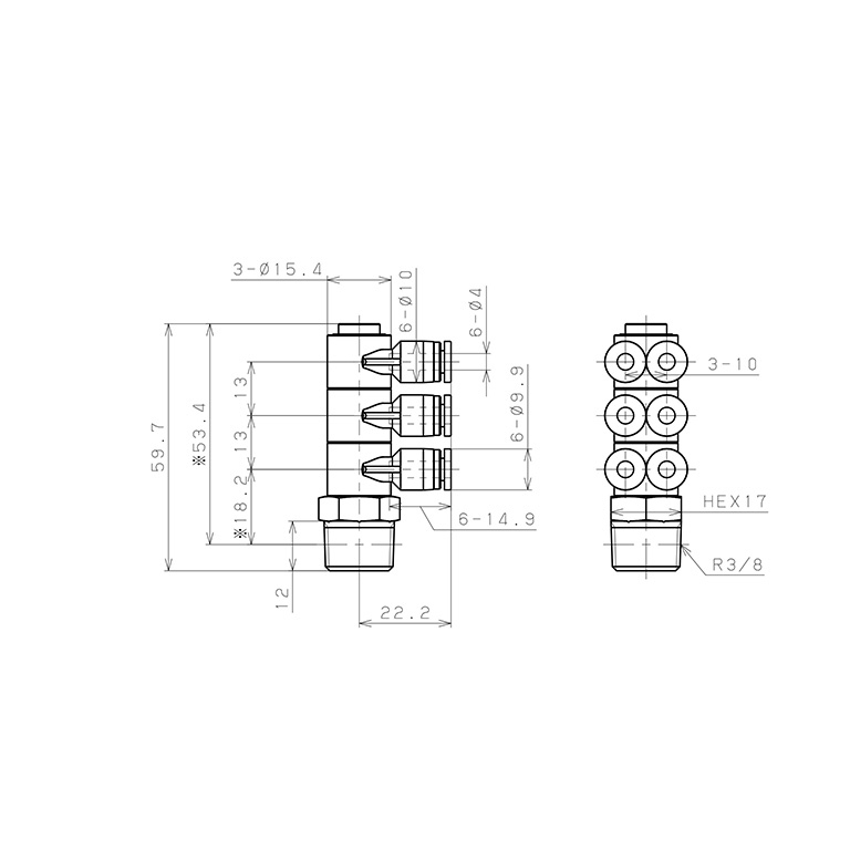 Bản vẽ kỹ thuật Đầu Nối Nhanh Khí Nén Sáu Nhánh Cong 90° Thân Lục Giác Trụ Ren Ngoài Pisco SPAT4-03