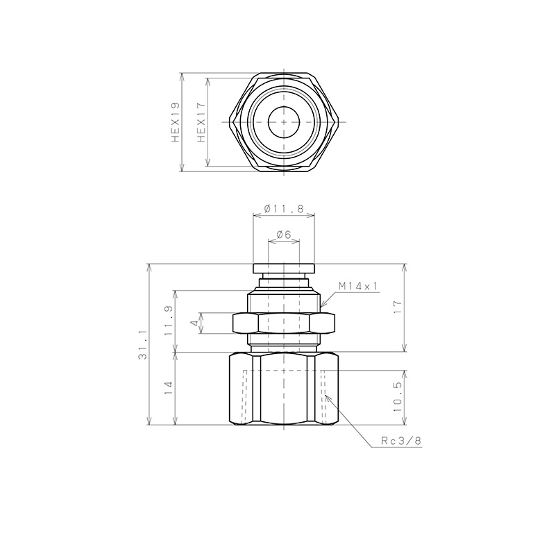 Bản vẽ kỹ thuật Đầu Nối Nhanh Khí Nén Dạng Thẳng Ren Trong Ngoài Pisco SPMF6-03