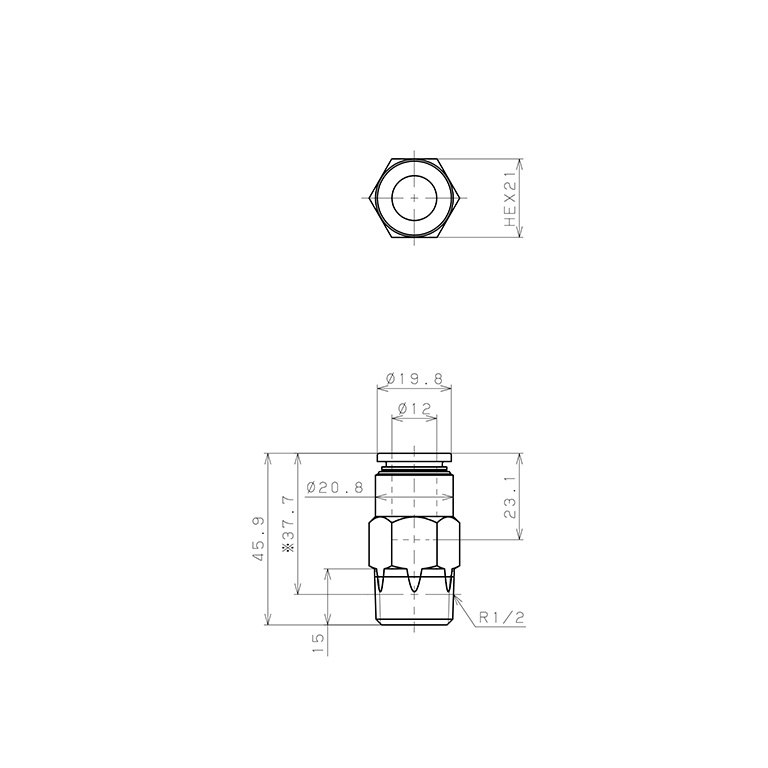 Bản vẽ kỹ thuật Đầu Nối Nhanh Khí Nén Dạng Thẳng Ren Ngoài Có Van Tự Ngắt Pisco PSC12-04