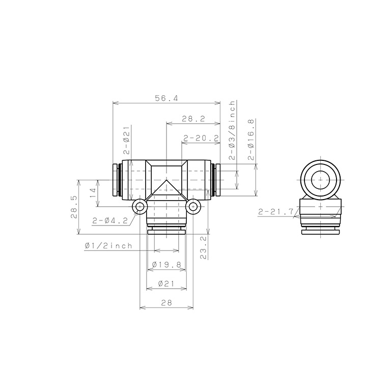 Bản vẽ kỹ thuật Đầu Nối Nhanh Khí Nén Chữ T Dạng Nối Giảm Pisco PEG3/8-1/2-C