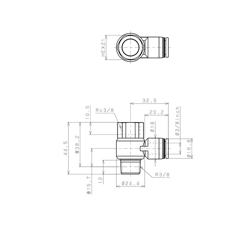 Bản vẽ kỹ thuật Đầu Nối Nhanh Khí Nén Cong 90° Đầu Lục Giác Trụ Ren Đực Cái Pisco PHF3/8-03W