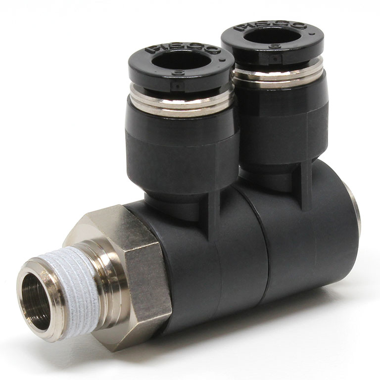 Đầu Nối Nhanh Khí Nén Hai Nhánh Cong 90° Thân Lục Giác Trụ Ren Ngoài Pisco PHW6-01W-C