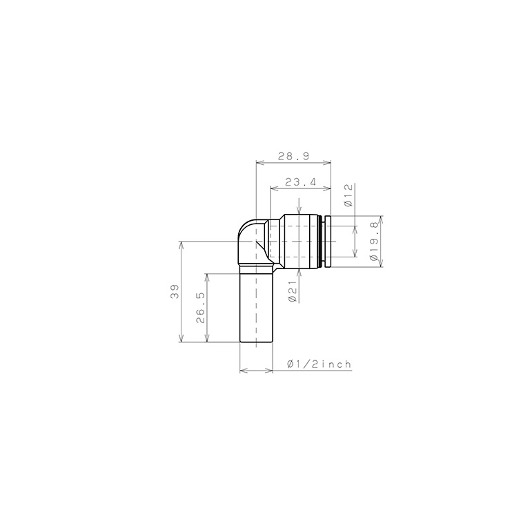 Bản vẽ kỹ thuật Đầu Nối Nhanh Khí Nén Giữa Ống Khí Và Fitting Dạng Nối Giảm Cong 90° Pisco PLGJ1/2-12