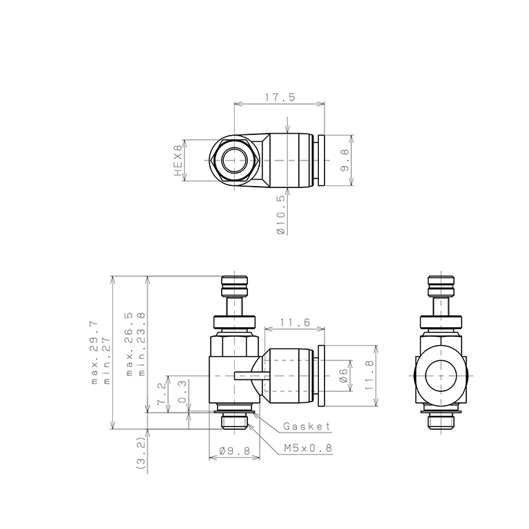 Bản vẽ kỹ thuật Van Tiết Lưu Khí Nén Chân Kim Pisco JNC6-M5W-C