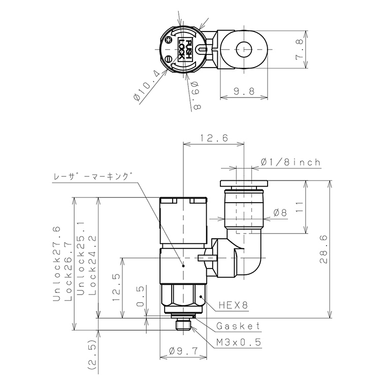 Bản vẽ kỹ thuật Van Tiết Lưu Khí Nén Loại Khóa Đẩy Có Hiển Thị Chỉ Số Pisco JSGS1/8-M3ALW