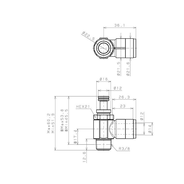 Bản vẽ kỹ thuật Van Tiết Lưu Khí Nén Chân Kim, Đồng Mạ Niken Pisco KJNC12-03