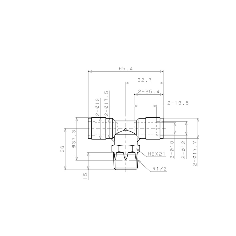 Bản vẽ kỹ thuật Đầu Nối Nhanh Khí Nén Dạng Chữ T Ren Ngoài Pisco PB10-04V-0